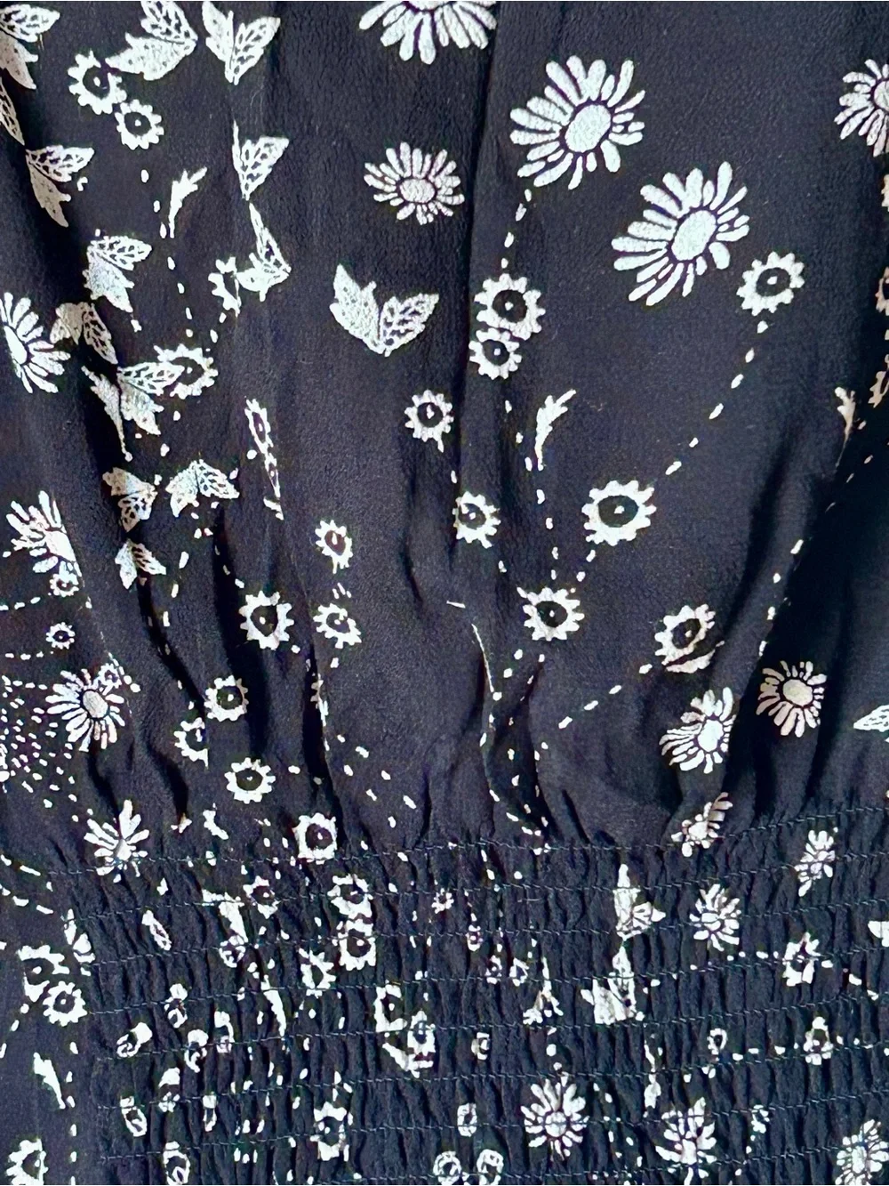 Free People Black Floral Button-Up Blouse with Cream Crochet Trim